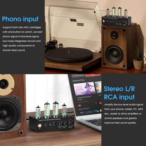 Old School Vacuum Tube Phono Preamplifier For MM And MC Turntable With Headphone Output Warm Rich Tone Magic Eye Meter Dual 6E2 And 6A2 Tubes Treble Bass Controls Home HiFi Audio Amplifier on turntable setup