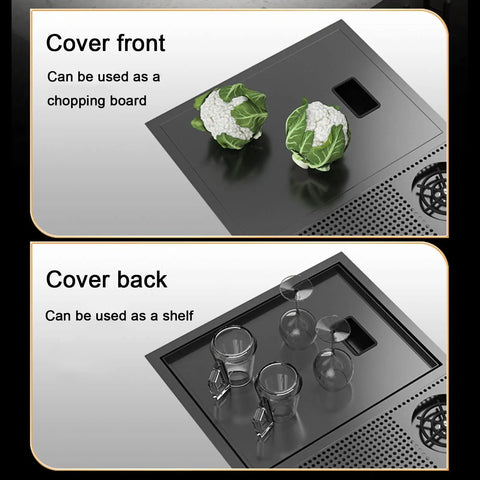 Stainless Steel Kitchen Sink Faucet with Pull Down Sprayer 18 Gauge Modern Design showing cover front with vegetables and back as shelf.