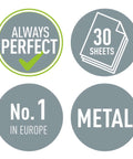 Image showing icons: "Always Perfect," "30 Sheets," "No. 1 in Europe," and "Metal" highlighting features of Two Hole Punch for 30 Sheets.