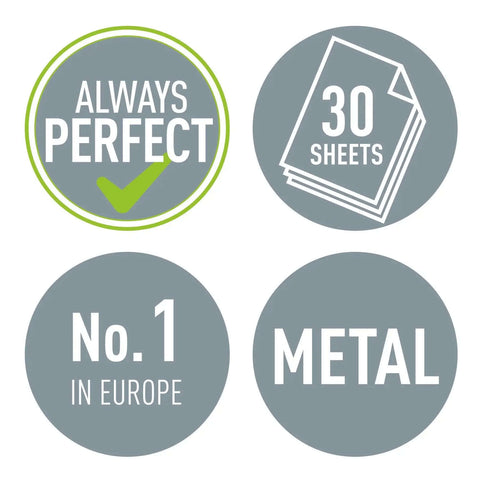 Image showing icons: "Always Perfect," "30 Sheets," "No. 1 in Europe," and "Metal" highlighting features of Two Hole Punch for 30 Sheets.