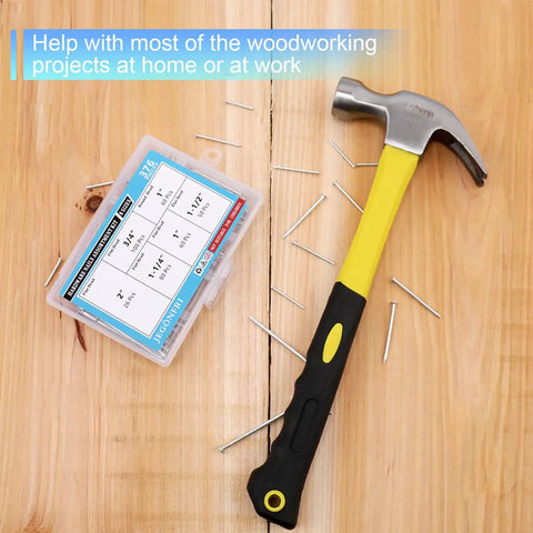 Tough As Nails 8 Oz Claw Hammer Kit Including 376 Precision Cut Steel Nails Built For Hassle Free Picture Hanging Interior Decorating And Weekend DIY Fixes Anywhere on a wooden surface with nails and nail box.