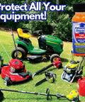 Lawn equipment with a bottle of Fuel Stabilizer Twin Pack 24 Oz Keeps Gas Fresh Longer, Gasoline Treatment Additive That Protects Your Fuel System on grass.