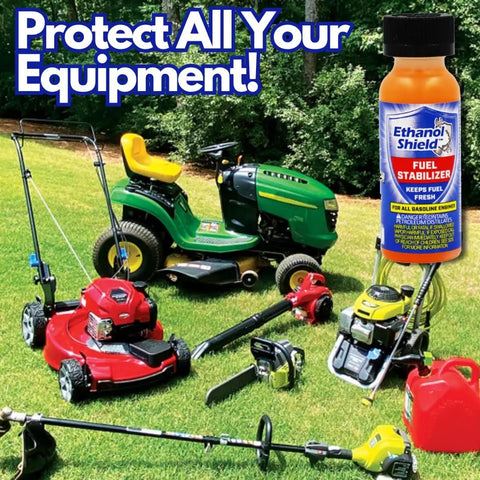 Lawn equipment with a bottle of Fuel Stabilizer Twin Pack 24 Oz Keeps Gas Fresh Longer, Gasoline Treatment Additive That Protects Your Fuel System on grass.
