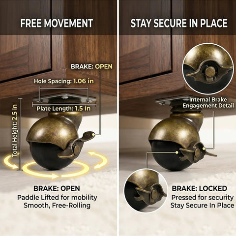 Rock Solid 2 Inch Ball Caster Wheels With Locking Brakes Heavy Duty Steel And Brass Finish Swivel Casters for secure movement detail.