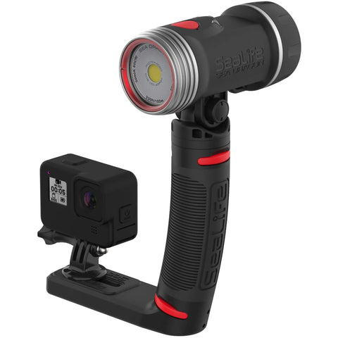 Sea Dragon 2300F Underwater Photo Video Light For Scuba And Snorkeling with Flex Connect Grip and Tray, attached to camera
