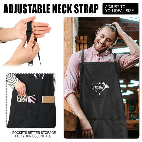 4 Piece Waterproof Hair Stylist Apron Set With 4 Pockets Black 33X25 Inch Salon Aprons for Hairdressers and Cosmetologists in use