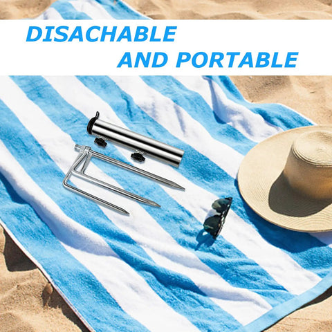 Removable Portable Umbrella Base With Four Leg Beach Sand Anchor on striped towel with sunglasses and hat