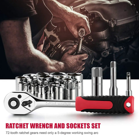 Built Tough 218 Piece Tool Kit For Homeowners And Auto Repair Featuring Heat Treated Chrome Wrenches Sockets Pliers Screwdrivers And Compact Case Black Red