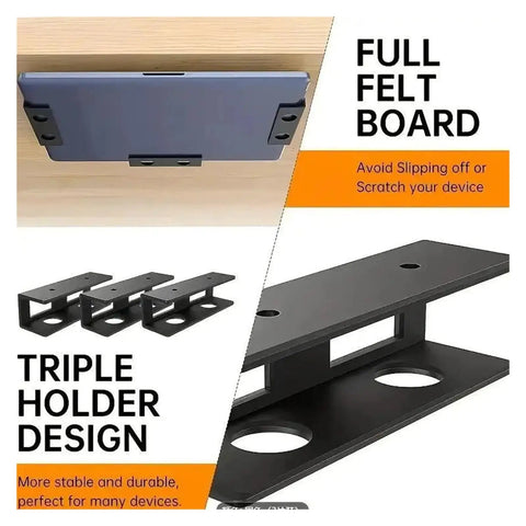 Badass Under Desk Laptop Holder With Metal Mount Shelf For Keyboard Home Office Setup Rock Solid Wrought Iron Bracket Rustproof Coating Holds Heavy Laptop And Gear Daily shown with triple holder design and full felt board for device stability.