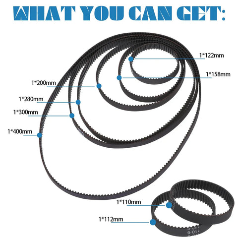 Eight Piece Timing Belt Set For 3D Printers Open Synchronous Belts 6mm Wide With 110mm to 400mm lengths displayed