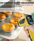 Non Contact Infrared Thermometer Gun With Adjustable Emissivity And Max Readout, Laser Guided 13 Point System, Temperature Range From -58F To 1472F in use over pastries