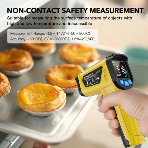 Non Contact Infrared Thermometer Gun With Adjustable Emissivity And Max Readout, Laser Guided 13 Point System, Temperature Range From -58F To 1472F in use over pastries