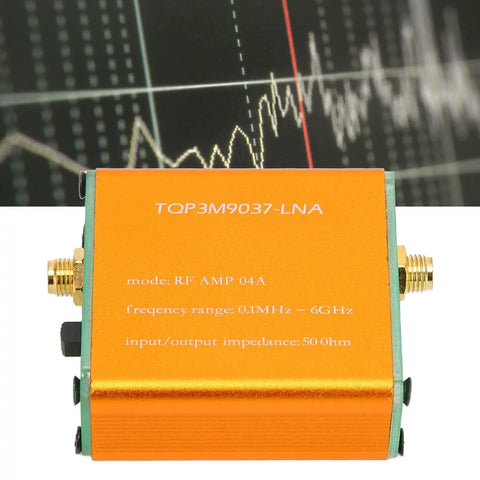 Wideband RF Power Preamplifier 0.1MHz To 6GHz with SMA connectors in orange casing with frequency graph background.
