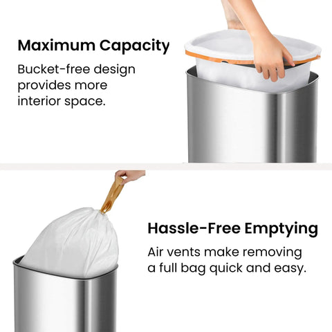 Extra Large 91L Hands Free Touchless Sensor Trash Can With AbsorbX Odor Filter, showing lid removal and hassle-free bag change