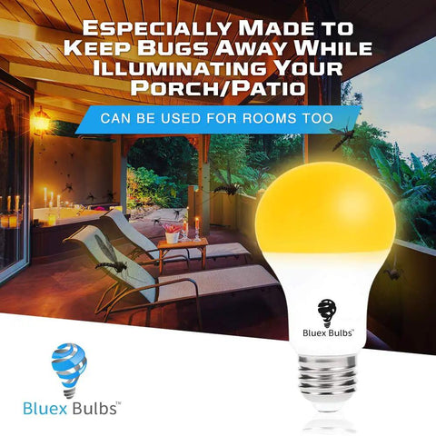 2 Pack LED Dusk To Dawn A19 Bug Light Bulbs With Automatic Sensor Yellow Amber Light For Porch Security Auto On Off 2000K E26 Base 500 Lumens No Fuss Install with glowing outdoor scene.