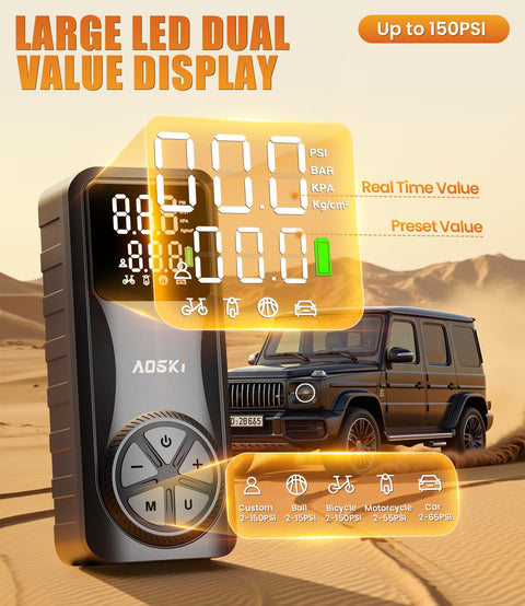 Cordless Tire Inflator Portable Air Compressor 150 PSI with Digital Pressure Gauge in desert setting