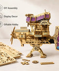 Fun 3D Wooden Airship Puzzle Kit for Teens and Adults, Pine Wood Mechanical Flying Ship with visible propeller and gears