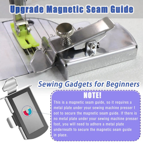 Magnetic Seam Guide For Sewing Machine With Adjustable Presser Foot Clip shown with metal clip and instructions card.