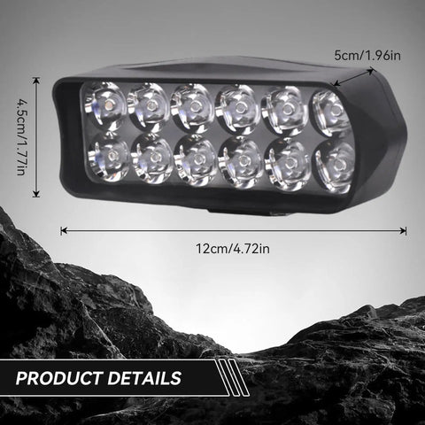 Kickass Brightness 12V-80V LED Headlight For Motorcycles, Electric Bikes And Trikes With 1200 Lumen Universal Front Light shown with dimensions
