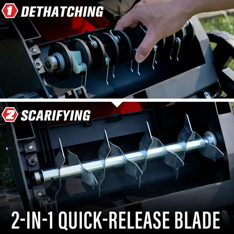 Close-up of 2-in-1 quick-release blade system on Powerful 13 Amp 2 In 1 Electric Dethatcher And Scarifier for lawn maintenance.