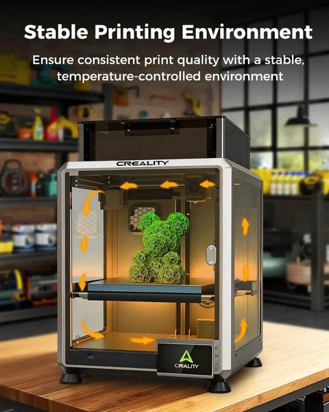 K1 SE Enclosure Pro Grade 360 Degree View with Constant Temperature for 3D Printing, shown in a workshop setting with printer inside.