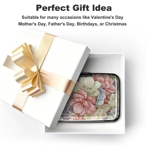 Ultra Slim RFID Blocking Aluminum Card Wallet For Men And Women, floral design, in gift box, with clasp closure visible