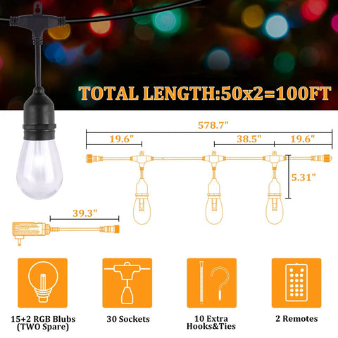 100Ft RGB String Lights With Dimmable Remotes, Waterproof Outdoor Lighting, 32 Plastic Bulbs, Ideal For Patio, Backyard, Bistro Ambience, Garden Decor And Holiday Party Vibes