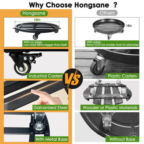 Comparison of 18 Inch Round Plant Caddy With Wheels showing differences in design and materials, featuring metal and plastic models.