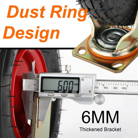 Close-up of 10 Inch Heavy Duty Rubber Casters with dust ring design and 6mm thickened bracket for tool carts.