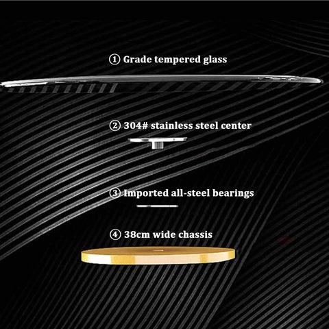Diagram of tempered glass Lazy Susan with aluminum alloy bearing for dining tables, showing glass, steel center, and wide chassis.
