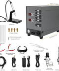 Pulse Arc Welder For Permanent Jewelry 100A 110V Portable Welding Machine with accessories including pliers, pins, and chucks.