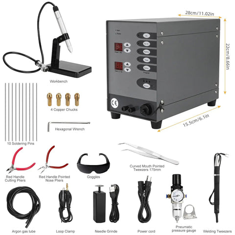 Pulse Arc Welder For Permanent Jewelry 100A 110V Portable Welding Machine with accessories including pliers, pins, and chucks.