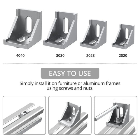 Sick 10 Pack 4040 Aluminum Extrusion Corner Brackets With T-Slot showing 4040, 3030, 2028, 2020 brackets for DIY assembly.