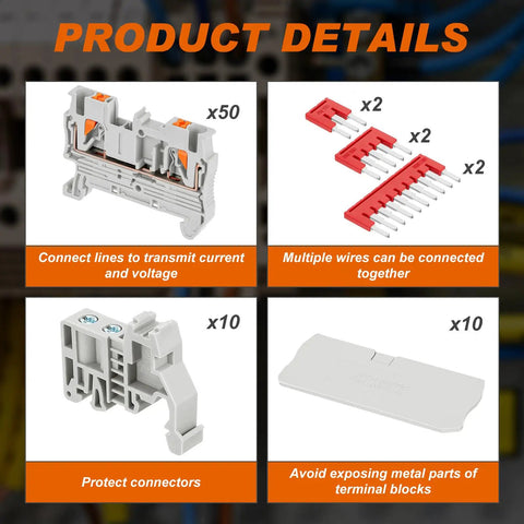 Push In Gray DIN Rail Terminal Block Kit ST2 2.5 1x1 76 Pcs With Covers End Stops And Jumpers For Control Panels And DIY Electrical Projects Perfect For Auto Wiring In Cabinets Quick Install And Reliable Performance., gray DIN rail terminal block with cover and jumper, 35 mm