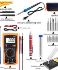 Blue All In One Soldering And Desoldering Kit With Multimeter 60W Adjustable Iron for Easy Electronics Repair, tools displayed