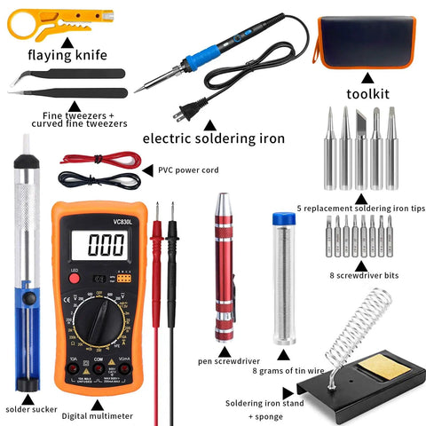 Blue All In One Soldering And Desoldering Kit With Multimeter 60W Adjustable Iron for Easy Electronics Repair, tools displayed
