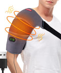Man wearing Shoulder Heating Pad Massager With Vibration Massage USB Powered Shoulder Wrap showcasing warmth and vibration