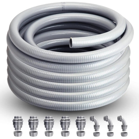 Liquid Tight Flex Conduit Kit One And One Quarter Inch Fifty Feet Non Metallic PVC Electrical Conduit With Five Straight And Three Ninety Degree Connector Fittings For No Fuss Install And Smooth Interior