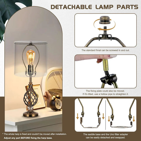 Top Shelf Seven Inch Antique Bronze Lamp Harp Set Detachable parts showing uno base and fixing plate adjustments.