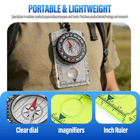 Orienteering Compass With Map Ruler For Hiking And Camping Waterproof Survival Navigation Tool With Clear Dial and hanging strap.