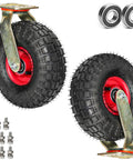 Set Of Two Heavy Duty Pneumatic Rubber Swivel Casters With Safety Brakes Roll Smooth And Crush 300Kg Loads Quietly For Shop Garage Warehouse Jobs Built Tough The Daily Grind, showcasing dual rubber wheels and bearings.