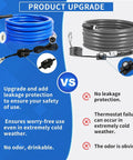 Two heated water hoses: blue 25 ft with leakage protection; gray self-regulating hose with 3/4 in NH fittings.
