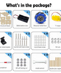 4WD mecanum wheel Arduino chassis kit components including wheels, motors, screws, nuts, and tools for DIY robot projects.