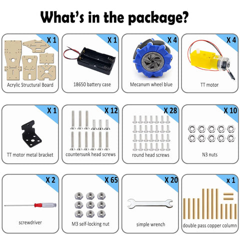 4WD mecanum wheel Arduino chassis kit components including wheels, motors, screws, nuts, and tools for DIY robot projects.