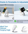 Traveling Wireless MagSafe 3 in 1 Fast Charging Station for iPhone, Apple Watch, AirPods, foldable and adjustable angles, white.