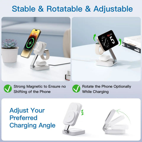 Traveling Wireless MagSafe 3 in 1 Fast Charging Station for iPhone, Apple Watch, AirPods, foldable and adjustable angles, white.
