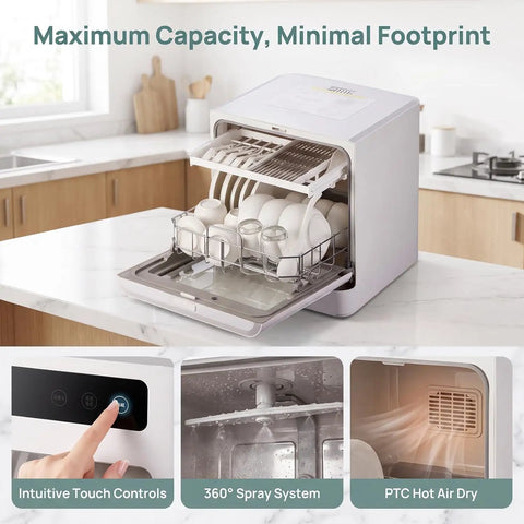 Compact Countertop Dishwasher With Four Smart Wash Cycles And Built In Water Tank Knocks Out Daily Cleanup Zero Hassle LED display with touch controls.