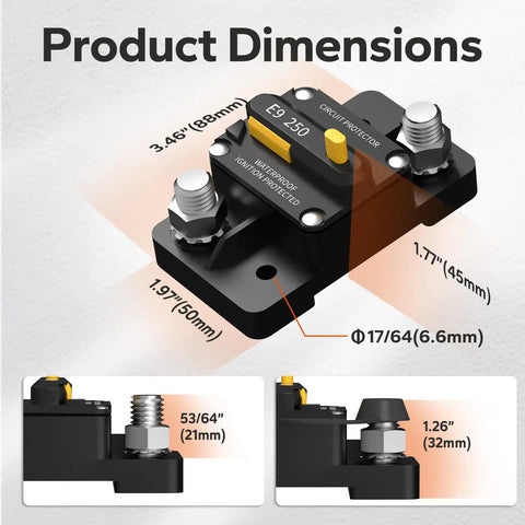 250A DC Circuit Breaker For LiFePO4 Batteries No Hassle Install Auto Marine And Solar Power Protection Rugged Wide Compatibility For Cars Boats And RVs Built For Tough Environments shown with product dimensions
