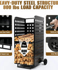 Beefy Heavy Duty 800 Pound Firewood Rack Cart With Wheels showcasing steel panels, reinforced bar, and large wheels for durability