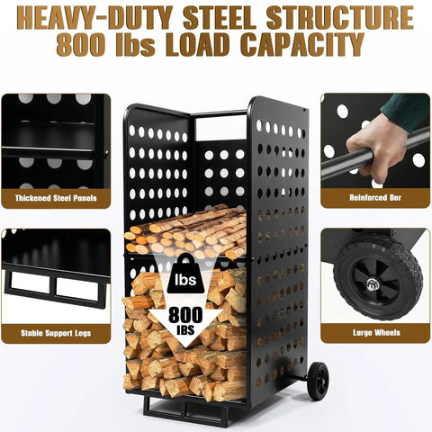 Beefy Heavy Duty 800 Pound Firewood Rack Cart With Wheels showcasing steel panels, reinforced bar, and large wheels for durability